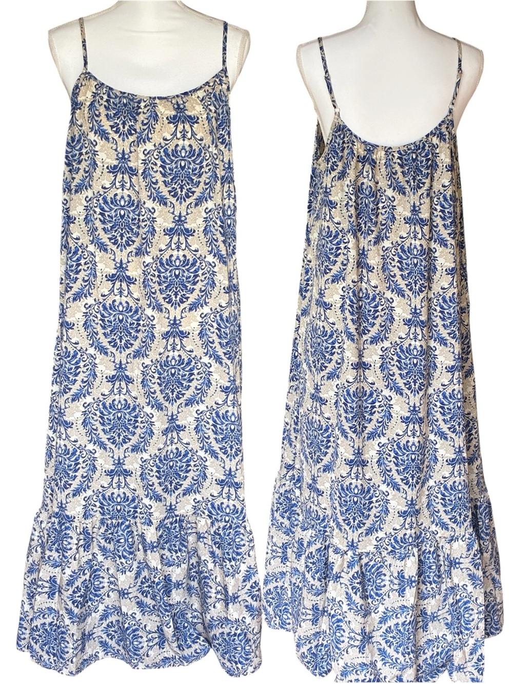 Dokotoo Blue White Damask Boho Spaghetti-Strap Casual Flowy Maxi SunDress Sz XL